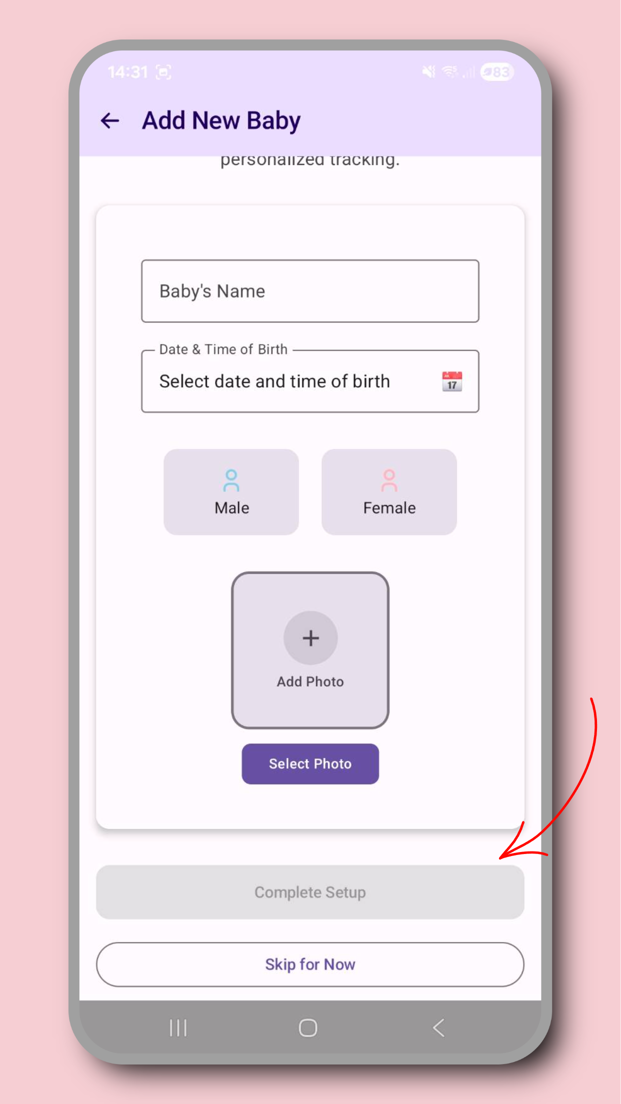 Adding a baby screenshot