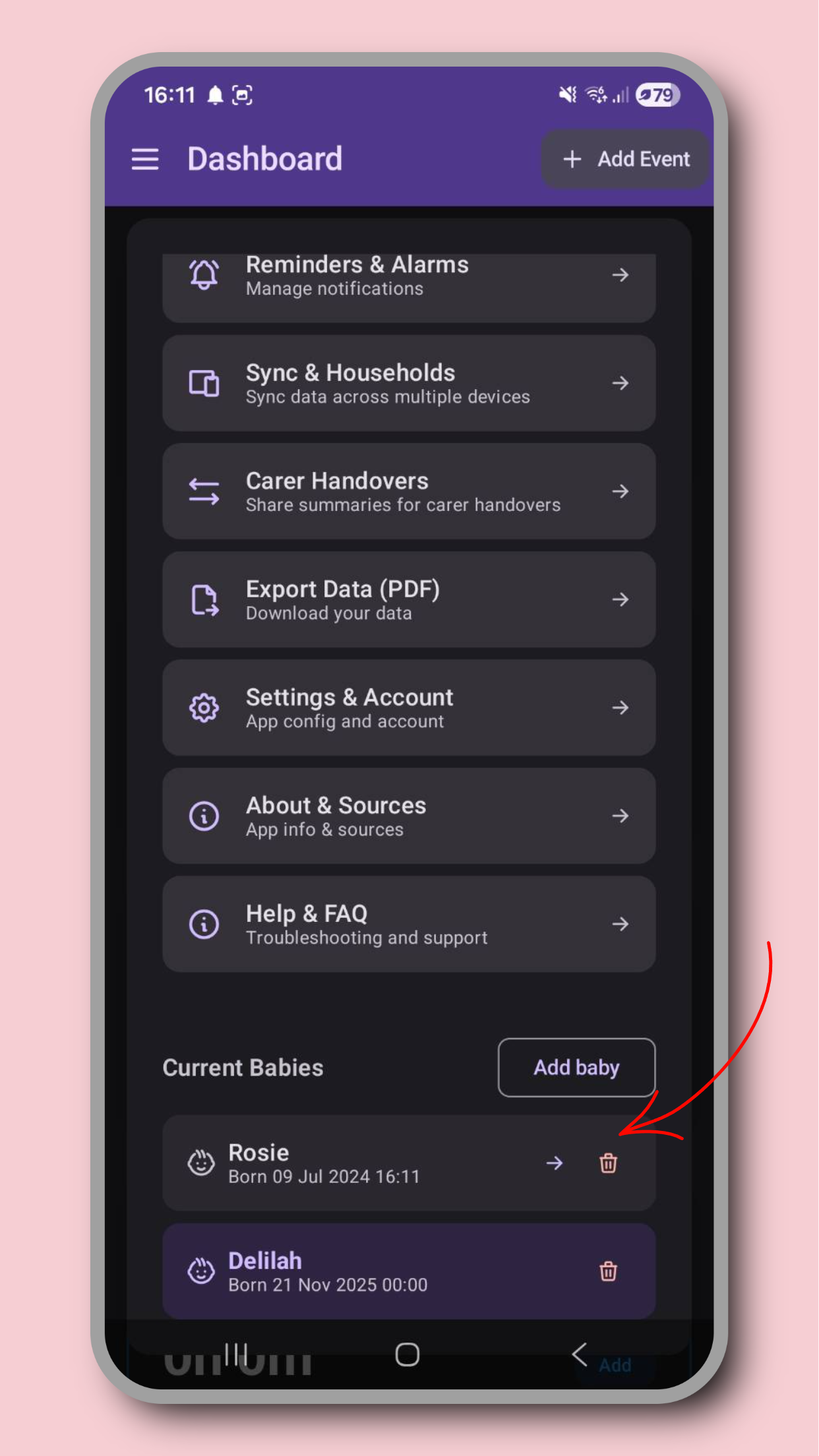Managing multiple babies screenshot