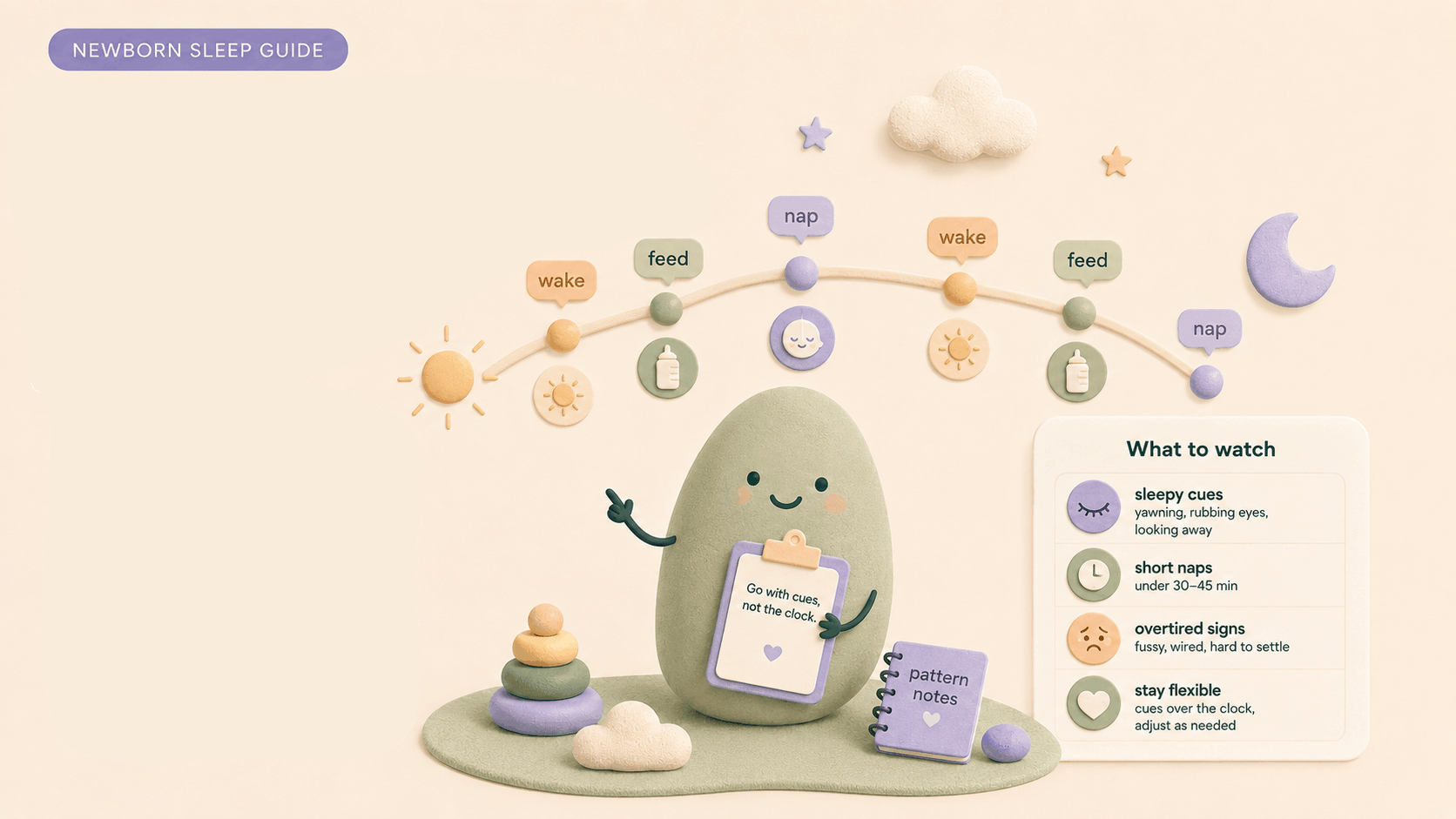 Editorial sun-to-moon arc with awake and sleep blocks and age chips for newborn to six months