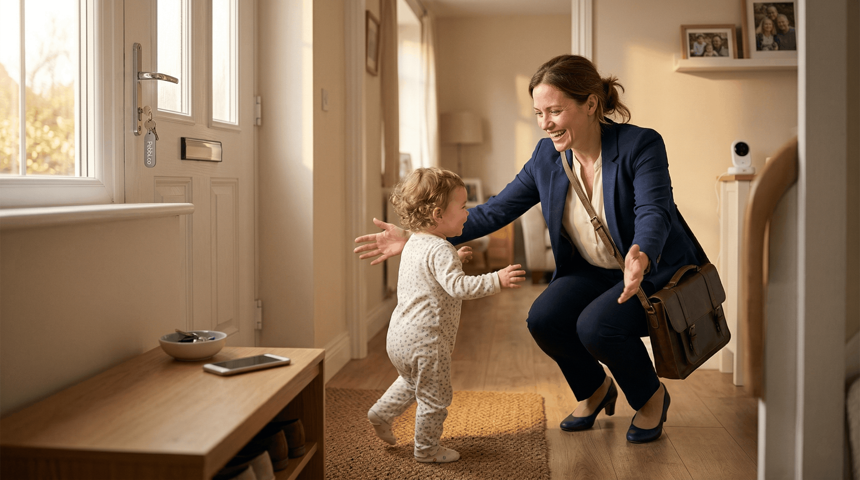 Parent at a desk checking a baby tracker app during a work break