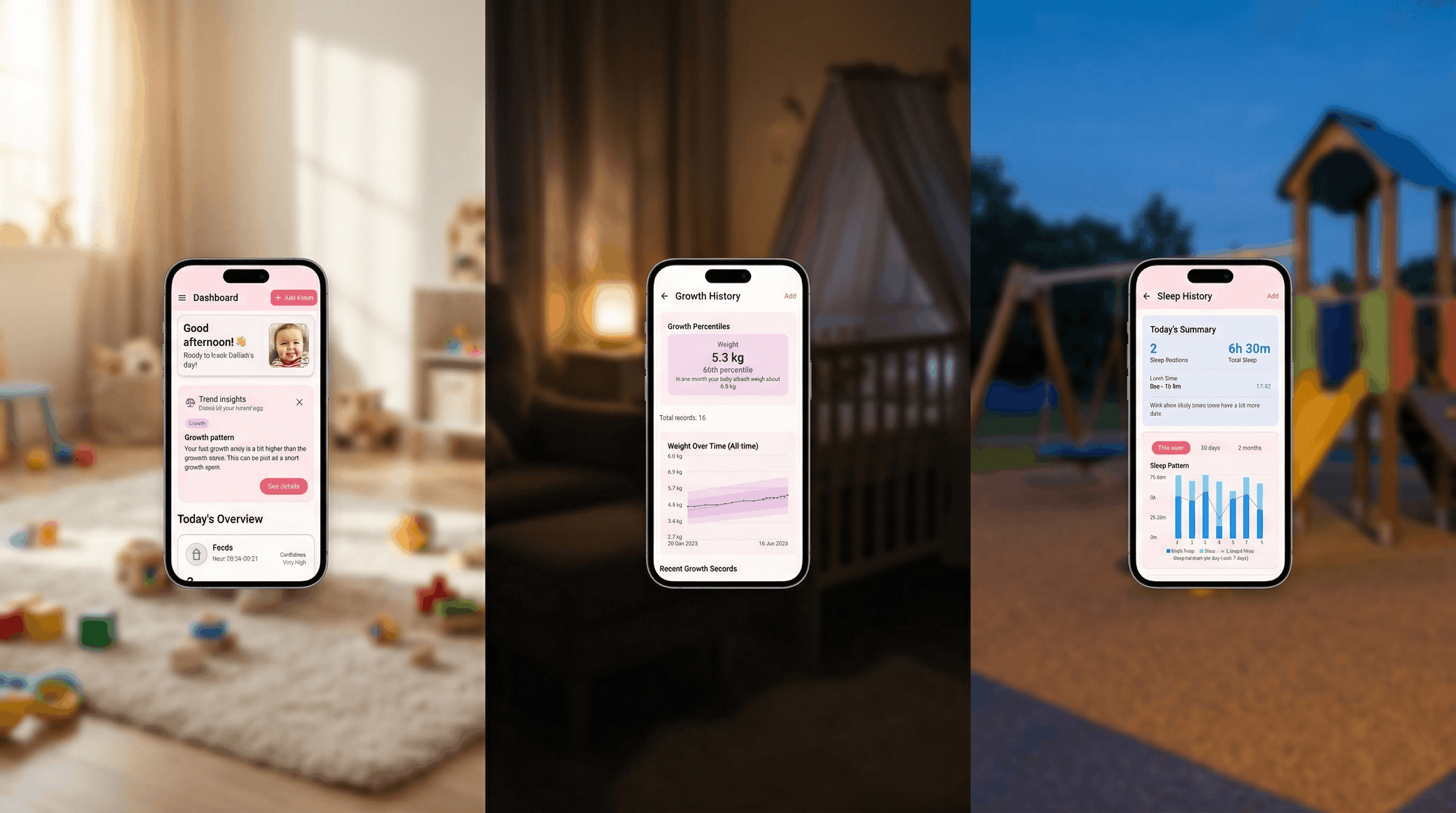 Multiple caregivers including parents, nanny, and grandparent using a shared baby tracker