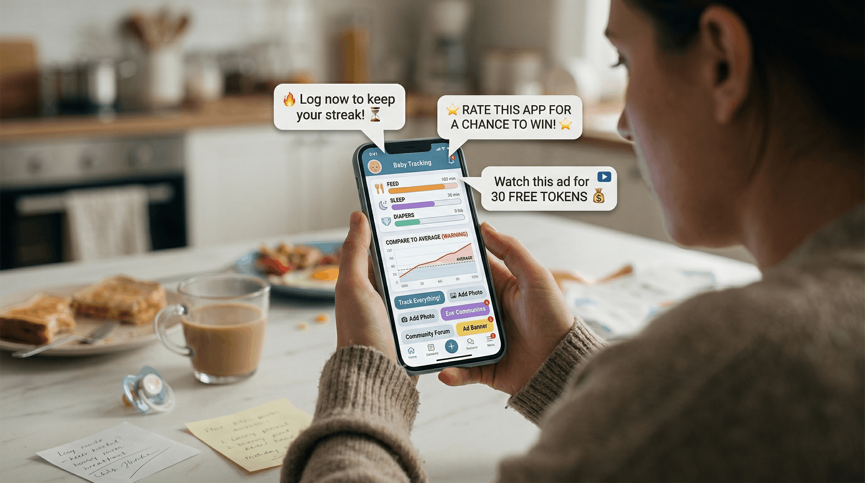 Parent looking stressed while reviewing baby tracker data on phone late at night