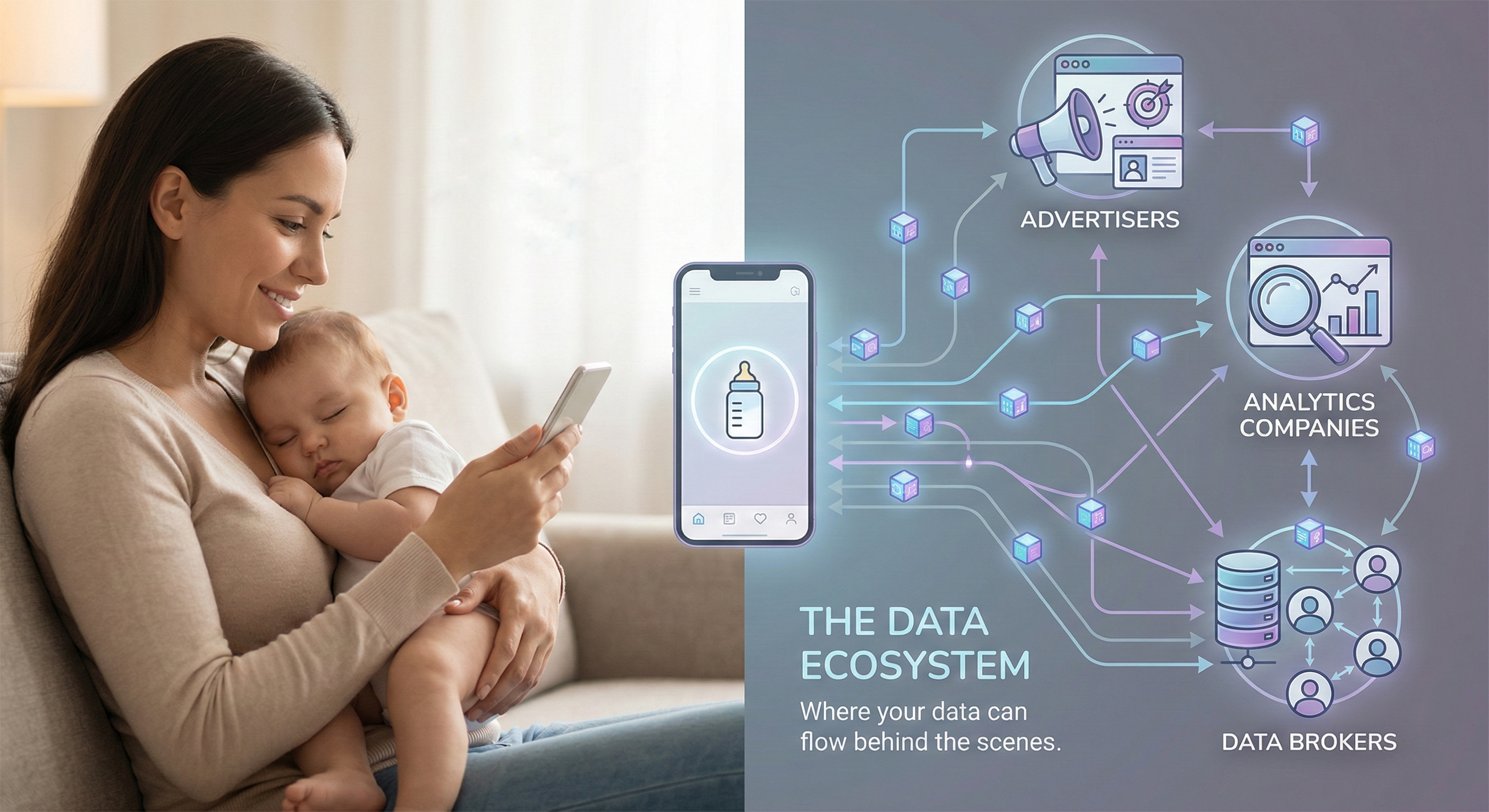 Phone screen showing baby tracking app with overlay of data collection warnings and privacy concerns