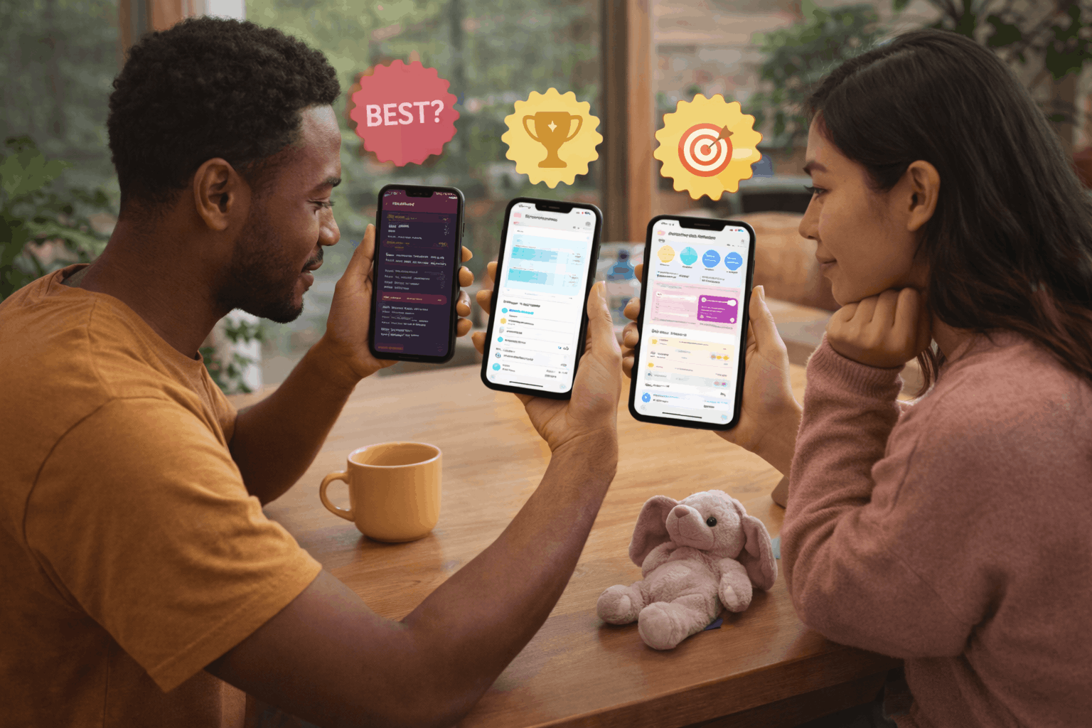 Parent comparing baby tracker apps on their phone while sitting with their baby