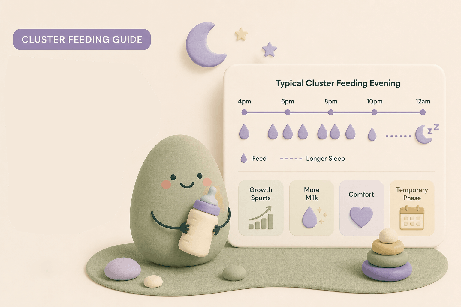 Editorial evening timeline with clustered milk drops, longer sleep block and Growth, Nappies and Weight cards