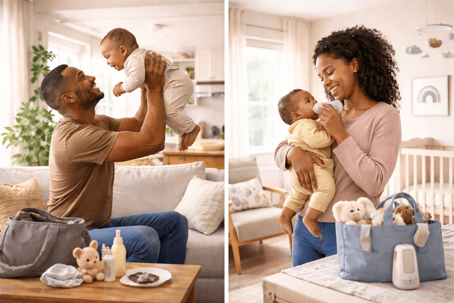 Co-parenting baby tracker showing shared timeline across two households