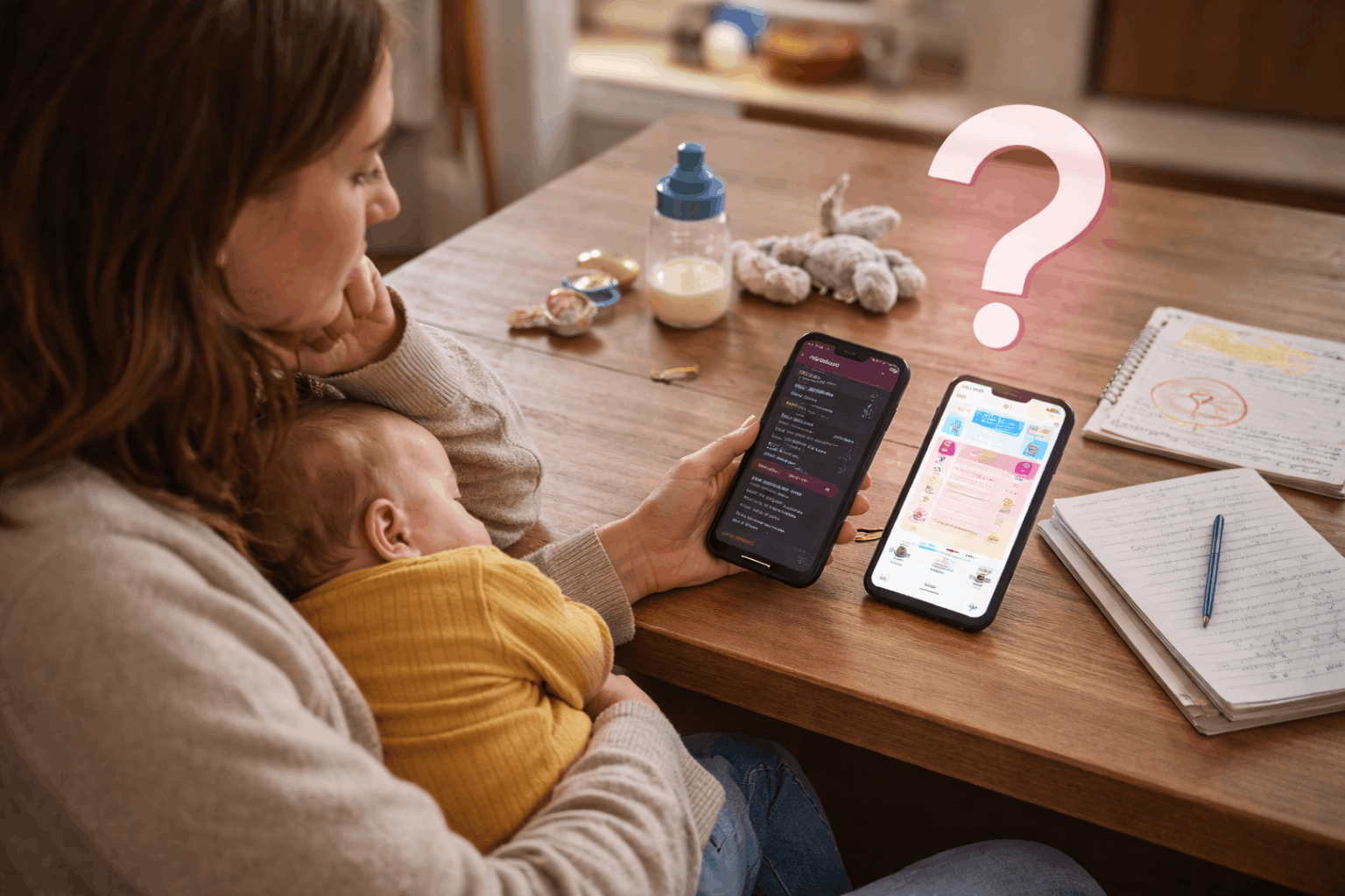 New parent wondering whether to use a baby tracker app while holding their newborn