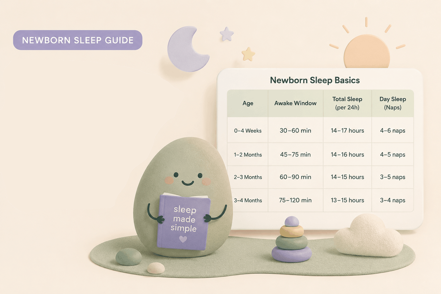 Editorial 24-hour timeline with irregular sleep blocks, moon and sun arc, cot icon and wake window card