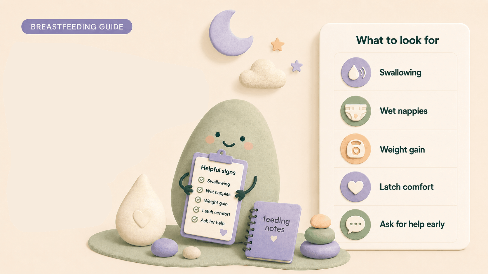 Editorial illustration with a milk drop surrounded by cards for swallowing, nappies and weight