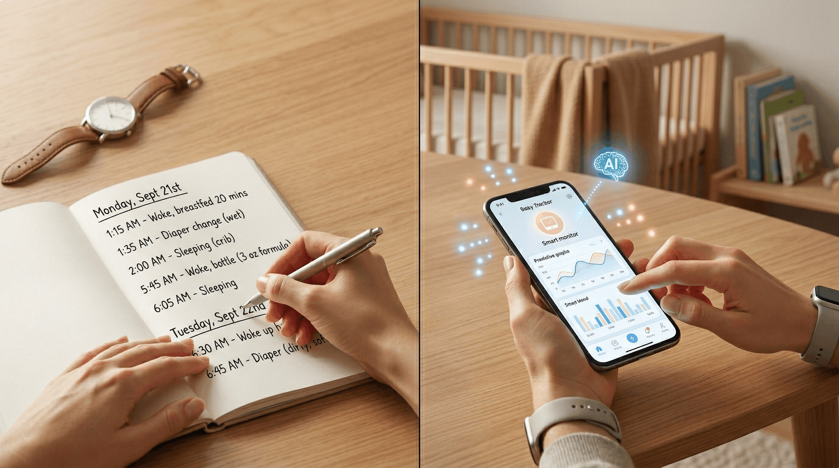 Split screen showing a simple manual baby log on one side and an AI-powered prediction on the other
