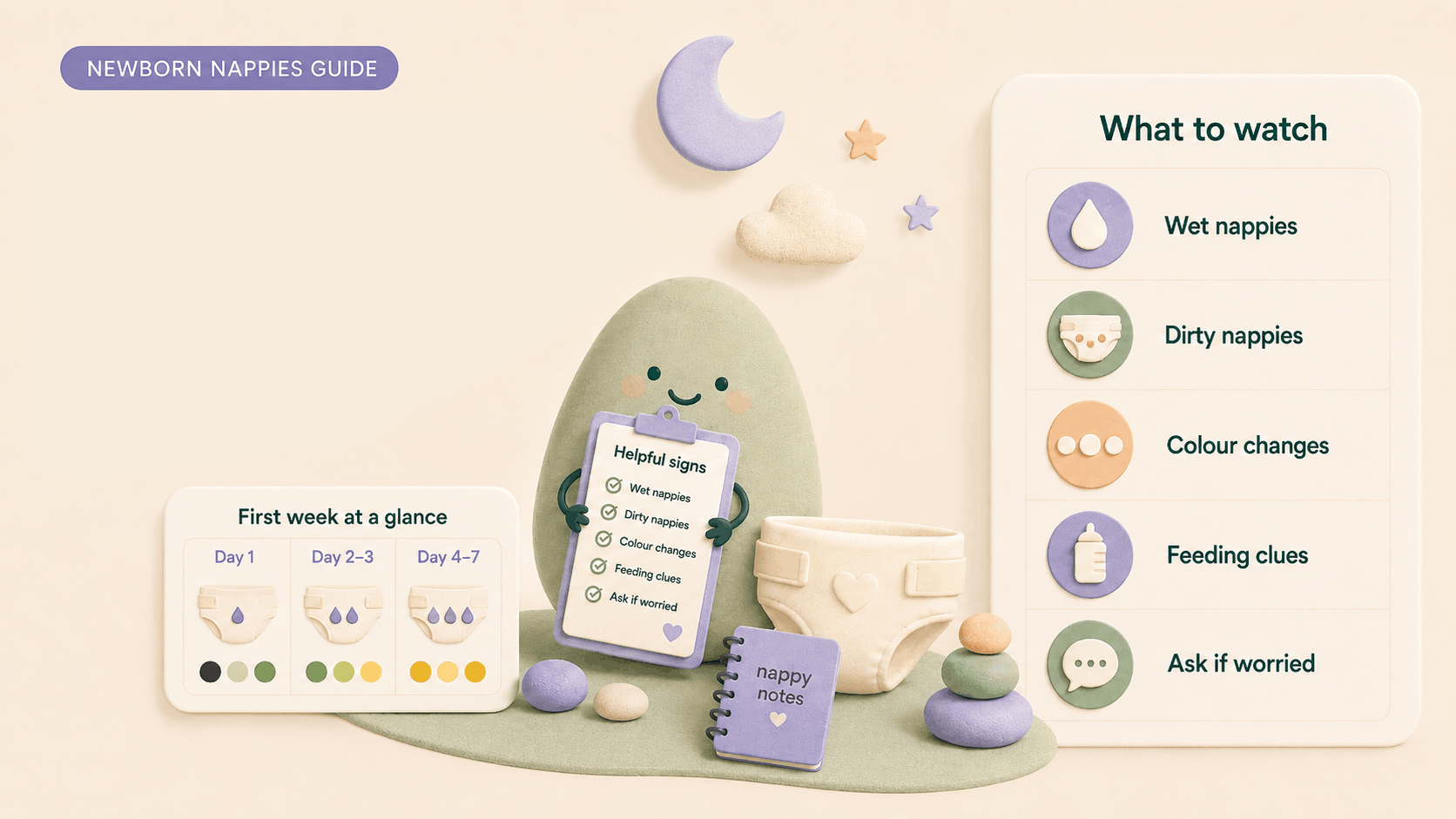 Editorial day-by-day nappy output card with wet, dirty and both icons and a gentle seven-day row