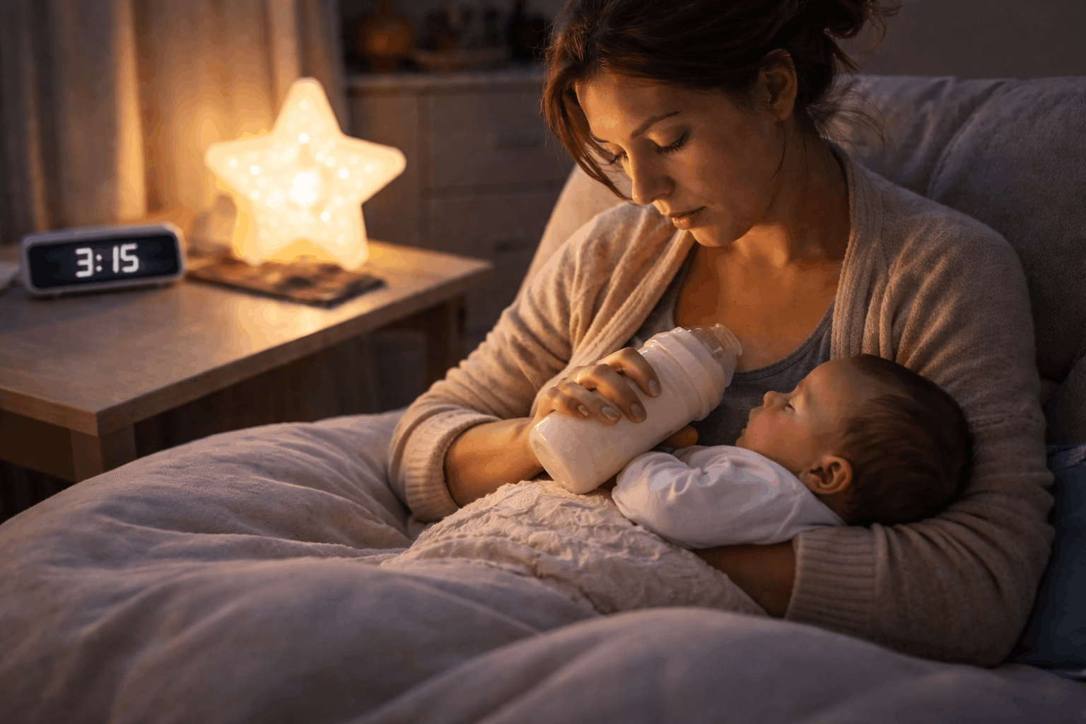 Tired parent using a baby tracking app at 3am in a dimly lit nursery