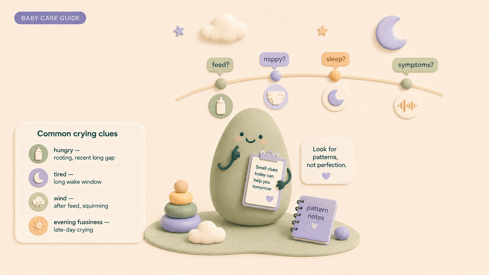 Editorial sound-wave icon with Feed, Nappy, Sleep and Symptoms cards on a gentle timeline